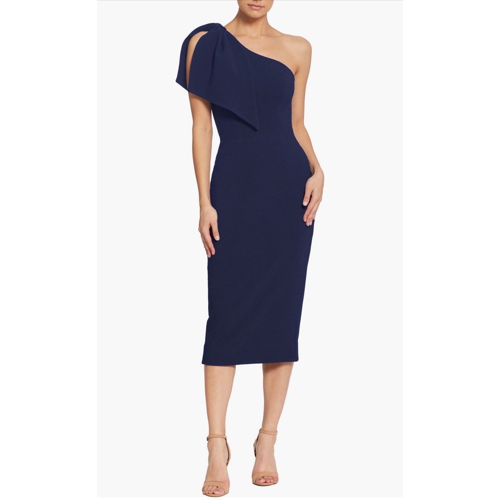 New! Dress the Population Tiffany One Shoulder Midi Dress Midnight Blue Medium - Picture 9 of 9